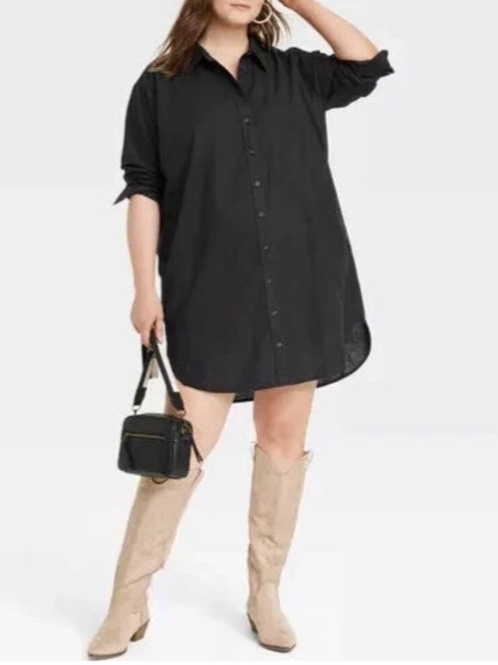Universal Thread Black Long-Sleeve Shirt Dress Size Large Cotton Linen Blend